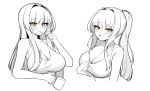  1girl black_survival blunt_bangs blush breasts brushing_teeth cleavage commentary_request cropped_torso cup eternal_return:_black_survival geah greyscale hair_intakes highres holding holding_cup holding_toothbrush large_breasts long_hair looking_at_viewer monochrome multiple_views open_mouth ponytail rio_(black_survival) simple_background spot_color tank_top toothbrush top_pull white_background yellow_eyes 