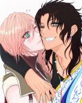  2girls arm_around_neck black_hair blue_eyes blush cheek-to-cheek closed_mouth earrings eyelashes fang final_fantasy final_fantasy_xiii flying_sweatdrops green_eyes hair_between_eyes heads_together highres hug jewelry lightning_farron looking_at_another looking_at_viewer lux_spei multiple_girls necklace oerba_yun_fang one_eye_closed open_mouth pink_hair smile sweatdrop teeth turtleneck upper_body white_background yuri zipper zipper_pull_tab 