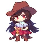  1girl bandana bandana_around_neck black_wings blue_dress boots brown_boots brown_hair brown_hat chibi chibi_only chinese_commentary closed_mouth commentary_request cowboy_hat dress full_body hand_on_own_hip hat horse_tail kurokoma_saki looking_at_viewer lowres multicolored_dress plaid_clothes plaid_dress puffy_short_sleeves puffy_sleeves red_dress red_eyes renren_(ah_renren) short_hair short_sleeves simple_background smile solo standing tail touhou white_background wings 