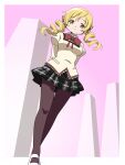 1girl 6kan arms_behind_back black_skirt blonde_hair border bow breasts brown_pantyhose closed_mouth commentary drill_hair full_body gradient_background hair_ornament highres juliet_sleeves long_sleeves looking_at_viewer mahou_shoujo_madoka_magica mahou_shoujo_madoka_magica_(anime) mary_janes medium_breasts mitakihara_school_uniform outside_border pantyhose plaid_clothes plaid_skirt pleated_skirt puffy_sleeves red_bow school_uniform shoes skirt smile solo tomoe_mami twin_drills twintails white_border white_shoes yellow_eyes 