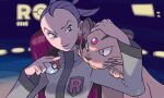  1girl breast_pocket closed_mouth eyelashes fingernails forehead_jewel hand_on_another's_head holding holding_poke_ball long_sleeves official_art open_mouth persian_(pokemon) pocket poke_ball poke_ball_(basic) poke_ball_symbol pokemon pokemon_(creature) pokemon_adventures pokemon_tcg purple_eyes purple_hair red_eyes short_hair sird_(pokemon) smile sugimori_ken team_rocket team_rocket_uniform third-party_source 