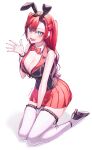  1girl absurdres animal_ears bow bowtie breasts cleavage commentary_request full_body genderswap genderswap_(mtf) highres holostars holostars_english large_breasts long_hair looking_at_viewer machina_x_flayon nekocha_dao open_mouth rabbit_ears red_hair red_skirt salute seiza sitting skirt smile solo thighhighs virtual_youtuber white_background 