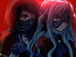 2girls bang_dream! bang_dream!_it's_mygo!!!!! black_hair black_mask blue_hair capelet commentary_request highres holding_hands long_hair mask masquerade_mask mouth_mask multiple_girls oblivionis_(bang_dream!) red_capelet red_shirt seine_(hanamukes) shirt sidelocks timoris_(bang_dream!) togawa_sakiko two_side_up upper_body yahata_umiri yellow_eyes 