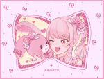  1other akiyama_mizuki bonbonribbon border bow commentary crossover fingernails hand_up heart looking_at_another one_eye_closed open_mouth pink_border pink_eyes pink_hair polka_dot polka_dot_bow project_sekai sanrio side_ponytail sidelocks smile solid_oval_eyes yunini_(marionette0025) 