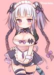  alternate_costume black_hair breasts cleavage cleavage_cutout double_bun enmaided haku_(p&amp;d) head_wings large_breasts long_hair maid marshmallow_mille multicolored_hair purple_eyes puzzle_&amp;_dragons solo tail thighhighs tiger_tail twitter_username white_hair zettai_ryouiki 