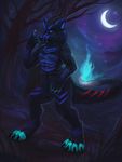  anthro black_fur canine claws dark dragon fur heterochromia horn hybrid kyuubreon looking_at_viewer male mammal moon night nude ormeath_(character) outside solo star tree were werewolf 