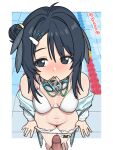  1boy 1girl arknights artist_name averting_eyes bare_shoulders belt bikini bikini_bottom_pull bird_girl black_eyes black_hair blush breasts buckle card_in_mouth censored chinese_commentary clothes_pull commentary_request erection feather_hair feet_out_of_frame frilled_bikini frills from_above goggles goggles_around_neck hair_bun hair_ornament hand_on_own_penis highres id_card jacket jacket_over_swimsuit jacket_partially_removed la_pluma_(arknights) la_pluma_(summer_flowers)_(arknights) lane_line lanyard male_masturbation masturbation medium_breasts mons_pubis mosaic_censoring mouth_hold navel off_shoulder official_alternate_costume penis pool pov pov_hands redash short_hair side_up_bun single_side_bun sleeves_past_wrists snap-fit_buckle swimsuit thigh_belt thigh_strap variant_set white_bikini windbreaker wing_hair_ornament 