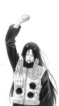  1boy absurdres black_hair black_jacket blood blood_from_mouth commentary dirty dirty_clothes dirty_face english_commentary flak_jacket furrowed_brow greyscale hair_between_eyes half-closed_eyes highres hole_in_chest hole_in_stomach hole_on_body hyuuga_neji intelli_intel jacket konohagakure_shinobi_uniform long_hair male_focus messy_hair monochrome naruto_(series) naruto_shippuuden no_pupils one_eye_closed parted_bangs raised_fist solo upper_body white_background 