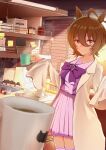  1girl absurdres agnes_tachyon_(umamusume) ahoge animal_ears beaker bottle bow bowtie breasts brown_hair closed_mouth coat commentary_request cup earrings etepachipachi hair_between_eyes highres holding holding_cup horse_ears horse_girl jewelry lab_coat long_sleeves looking_at_viewer medium_breasts medium_hair open_clothes open_coat pleated_skirt purple_bow purple_bowtie purple_shirt red_eyes sailor_collar sailor_shirt school_uniform shelf shirt single_earring skirt sleeves_past_fingers sleeves_past_wrists smile sticky_note summer_uniform thighhighs tracen_school_uniform umamusume white_coat white_sailor_collar white_skirt white_thighhighs 