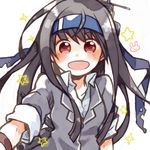  black_hair blazer blush doodle hair_ornament happy hatsushimo_(kantai_collection) headband jacket kano_(coyotehunt) kantai_collection long_hair open_mouth red_eyes remodel_(kantai_collection) school_uniform sleeves_rolled_up star upper_body 