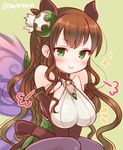  :&gt; bare_shoulders braid breasts brown_hair butterfly_wings green_eyes large_breasts long_hair marshmallow_mille purple_wings puzzle_&amp;_dragons solo twitter_username valkyrie_(p&amp;d) wavy_hair wings wood_valkyrie_(p&amp;d) 