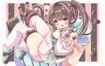  1girl breasts brown_hair chocolate choker cleavage commentary_request commission food green_eyes green_streaks hair_between_eyes hair_intakes hair_ornament heart heart_hair_ornament high_side_ponytail highres holding holding_food holding_ice_cream ice_cream indie_virtual_youtuber jacket light_blush macaron medium_breasts miki_kokoa multicolored_hair open_mouth over-kneehighs raimu_(ranse237) side_ponytail single_leg_warmer single_over-kneehigh single_thighhigh skeb_commission skirt smile solo streaked_hair thick_thighs thighhighs thighs white_choker 