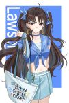  1girl ahoge bag belt black_hair blue_ribbon blue_shirt breasts earrings fate/grand_order fate_(series) hair_ribbon highres holding holding_bag hoop_earrings ishtar_(fate) jewelry lawson long_hair looking_at_viewer midriff navel neck_ring pannakota778 parted_bangs red_eyes ribbon shirt skirt smile solo two_side_up 
