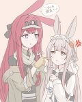  2girls anger_vein animal_ears arknights black_bow black_bowtie black_neckerchief black_shirt black_shorts bow bowtie brown_gloves brown_hair brown_jacket brown_vest cheek_poking commentary_request crossed_bangs dress gloves hair_ornament headlamp highres jacket long_hair maid_headdress multiple_girls neckerchief open_clothes open_jacket poking pout purple_eyes rabbit_ears rabbit_girl ray_(arknights) red_hair scarf shirt shorts sidelocks speech_bubble spoken_anger_vein tanakarashii translation_request very_long_hair vest visor_cap warmy_(arknights) white_dress white_scarf 