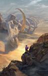  back bird black_hair bone cactus cloud cloudy_sky commentary_request desert fossil highres marktal mountain original rock ruins sky solo standing wide_shot 