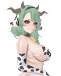  1girl :3 absurdres animal_ears animal_print armpit_crease bell bikini blue_eyes breasts brown_horns butt_crack colored_sclera commentary cooterzi cow_ears cow_girl cow_horns cow_print cow_print_bikini cow_print_gloves cowbell crelly crelly_(crelly_3.0) elbow_gloves english_commentary eyepatch_bikini fang from_side gloves grey_hair grey_sclera hairband half-closed_eyes heterochromia highres horns indie_virtual_youtuber large_breasts long_hair looking_at_viewer looking_to_the_side mole mole_under_mouth multiple_horns oiled print_bikini print_gloves red_eyes shiny_skin simple_background skin_fang solo strapless strapless_bikini swimsuit virtual_youtuber white_background 