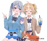  2girls :d amagai_ruka animal animal_on_lap appare_hinata blonde_hair blue_bow blue_bowtie blue_cardigan blue_nails blue_scrunchie blue_skirt blue_streaks blush bow bowtie brown_cardigan cardigan cellphone closed_eyes collared_shirt commentary_request creature cup disposable_cup dog ear_piercing earphones fingernails fm_2608 grey_eyes grey_hair grey_nails hair_ornament hair_scrunchie hairclip hands_up highres holding holding_cup holding_phone innertube long_hair long_sleeves looking_to_the_side medium_hair miniskirt multicolored_hair multicolored_nails multiple_girls nail_polish on_lap open_cardigan open_clothes open_mouth orange_nails parallel_hairclips phone piercing plaid_bow plaid_bowtie plaid_clothes plaid_skirt pleated_skirt school_uniform scrunchie shared_earphones shirt shirt_tucked_in side_ponytail sideways_glance simple_background sitting skirt smartphone smile star_(symbol) star_hair_ornament streaked_hair sunglasses swim_ring u_u unbuttoned virtual_youtuber weather_planet welsh_corgi white-framed_eyewear white_background white_shirt yellow_scrunchie 