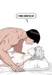  2boys bed_sheet black_hair bowl_cut commentary english_text grey_hair hatake_kakashi highres intelli_intel looking_at_another lower_eyelashes_only male_focus might_guy mole mole_under_mouth multiple_boys multiple_scars naruto_(series) nipples open_mouth pale_skin pillow scar scar_across_eye scar_on_arm scar_on_back scar_on_face scars_all_over short_hair shoulder_tattoo spiked_hair talking tattoo thick_eyebrows wide-eyed yaoi 