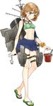  anchor bandaid bandaid_on_arm bandaid_on_face bikini brown_eyes brown_hair bucket crab drew_(drew213g) flip-flops frills full_body goggles goggles_around_neck head_tilt kantai_collection looking_at_viewer machinery navel oboro_(kantai_collection) official_art sandals school_uniform serafuku shovel side_ponytail skirt solo swimsuit torpedo transparent_background 