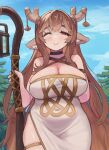 1girl animal_ears antlers blush breasts brown_hair cleavage commentary covered_navel curvy deer_antlers deer_ears deer_girl diana_(trickcal) dress holding holding_staff horns huge_breasts humanization long_hair looking_at_viewer minus_zero69 one_eye_closed red_eyes ring_light_reflection smile solo staff trickcal very_long_hair 