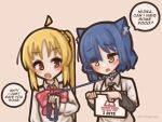  2girls ahoge animal_collar animal_ears blonde_hair blue_hair blush bocchi_the_rock! cat_ears collar english_text highres holding holding_leash ijichi_nijika leash leash_pull long_hair long_sleeves mole mole_under_eye multiple_girls open_mouth red_eyes shimejimee shirt short_hair side_ponytail sign simple_background speech_bubble talking twitter_username warning_sign white_shirt yamada_ryo yellow_eyes 