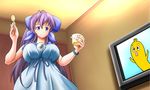  blue_eyes food jewelry long_hair namesake nanana_(tv_tokyo) pendant ponytail pudding purple_hair ribbon ryuugajou_nanana ryuugajou_nanana_no_maizoukin solo television tv_tokyo 