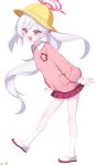  1girl :d \||/ absurdres artist_name blue_archive commentary full_body halo hat highres kneehighs long_hair mutsuki_(blue_archive) muxiaomo pink_eyes pink_shirt pointy_ears red_halo red_skirt shirt shoes simple_background skirt smile socks solo very_long_hair white_background white_hair white_shoes white_socks yellow_hat 