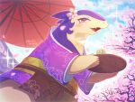  1other cherry_blossoms commentary_request cup fangs flower furry hair_flower hair_ornament highres hisuian_typhlosion hisuian_typhlosion_(tranquil_tea_house) holding holding_tray japanese_clothes kimono nostrils oil-paper_umbrella open_mouth outdoors pokemon pokemon_(creature) pokemon_cafe_remix purple_kimono red_eyes red_umbrella runachikku sparkle tray umbrella yunomi 