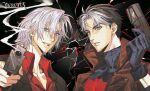  2boys batman_(series) batman_symbol black_bodysuit black_gloves black_hair blue_eyes bodysuit brown_jacket commentary_request dante_(devil_may_cry) dc_comics devil_may_cry_(series) gloves grey_bodysuit highres holding holding_weapon jacket jason_todd looking_at_viewer male_focus multicolored_bodysuit multiple_boys muscular muscular_male red_hood_(dc) red_hood_and_the_outlaws rotzeichen shirt short_hair simple_background smile superhero_costume taut_bodysuit taut_clothes two-tone_bodysuit weapon white_hair 