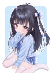  1girl antenna_hair between_legs black_hair blue_background blue_bow blue_cardigan blue_neckerchief blue_skirt bow cardigan chitosezaka_suzu commentary commission covering_own_mouth hair_bow hair_ornament hand_between_own_legs hand_over_own_mouth hand_up highres long_hair long_sleeves neckerchief no_shoes open_cardigan open_clothes original outline polka_dot polka_dot_background sailor_collar school_uniform serafuku shirt sitting skeb_commission skindentation skirt skirt_bow sleeves_past_wrists solo thighhighs two_side_up wariza white_bow white_outline white_sailor_collar white_shirt white_thighhighs x_hair_ornament yellow_eyes 