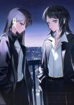  2girls bang_dream! bang_dream!_it's_mygo!!!!! black_coat black_hair chinese_commentary cigarette coat commentary_request green_eyes hands_in_pockets highres long_hair medium_hair multiple_girls outdoors purple_eyes railing shiina_taki shirt takoonland white_shirt yahata_umiri 