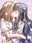  2girls bang_dream! bang_dream!_it's_mygo!!!!! black_ribbon blonde_hair blue_hair blush closed_eyes commentary_request hair_ribbon highres kiss light_particles long_hair long_sleeves medium_hair misumi_uika multiple_girls ribbon seine_(hanamukes) shirt short_sleeves sidelocks togawa_sakiko white_shirt yuri 