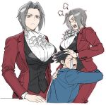  1boy 1girl ace_attorney angry ascot breasts closed_eyes commentary_request cowboy_shot crying genderswap genderswap_(mtf) grey_hair jacket killkillii korean_commentary large_breasts miles_edgeworth multiple_views open_mouth parted_bangs phoenix_wright red_jacket standing suit_jacket white_background 