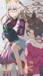  3girls animal_ears biwa_hayahide_(pf._winning_equation...)_(umamusume) biwa_hayahide_(umamusume) black_hair blue_eyes blue_sports_bra bnw_(umamusume) bow bowtie breasts brown_hair closed_mouth commentary dress grey_background highres horse_ears horse_girl horse_tail jacket large_breasts long_hair long_sleeves multiple_girls narita_taishin_(nevertheless)_(umamusume) narita_taishin_(umamusume) open_mouth pink_jacket purple_dress red_bow red_bowtie red_eyes semi-rimless_eyewear short_hair sora_(sora_7_3) sports_bra tail umamusume wavy_hair white_hair winning_ticket_(get_to_winning!)_(umamusume) winning_ticket_(umamusume) yellow_eyes 