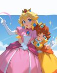  2girls ai-generated blonde_hair blue_eyes blue_sky breasts brown_hair cloud commentary crown dress earrings elbow_gloves flower_earrings gloves hug jewelry l_hand large_breasts long_dress long_hair looking_at_another mario_(series) medium_hair multiple_girls one_eye_closed open_mouth orange_dress pink_dress princess_daisy princess_peach puffy_short_sleeves puffy_sleeves servbot6 short_sleeves sky sphere_earrings teeth upper_body upper_teeth_only white_gloves yellow_dress 