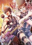  1boy absurdres alien arm_strap bondage_outfit brown_hair commentary_request fire_bomber glasses guitar guvava highres holding hot_limit instrument listen_to_my_song macross macross_7 male_focus nagisa_tomo nekki_basara open_mouth pet platform revealing_clothes round_eyewear spiked_hair t.m.revolution wristband 