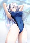  1girl arms_behind_head blue_one-piece_swimsuit breasts commentary_request competition_swimsuit covered_navel fuyutsuki_(kancolle) grey_hair hachiware_(8ware63) highleg highleg_one-piece_swimsuit highres kantai_collection medium_breasts multicolored_swimsuit one-piece_swimsuit smile solo standing swimsuit 