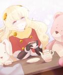  1girl blonde_hair colored_eyelashes cup doll dungeon_toaster headgear highres jacket long_hair messy_hair multicolored_eyes open_mouth rance_(series) rance_x scarf short_sleeves simple_background stuffed_animal stuffed_toy tea teacup teddy_bear very_long_hair warg_(rance) wavy_hair yellow_scarf 