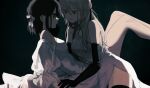  2girls black_background black_gloves black_hair black_thighhighs breasts china closed_mouth commentary_request dress elbow_gloves eye_contact gloves grey_eyes grey_hair highres legs_up long_hair looking_at_another medium_breasts medium_hair mochiosamu_ron multiple_girls off-shoulder_dress off_shoulder original simple_background smile thighhighs white_dress yuri 