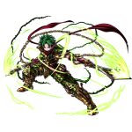  1boy armor arth_(grand_summoners) artist_request belt breastplate chain commentary crotch_plate cuirass dual_wielding energy english_commentary faulds fighting_stance game_asset gloves gold_chain gold_trim grand_summoners greaves green_armor green_eyes green_hair green_pants green_theme holding holding_sword holding_weapon knee_guards legs_apart male_focus no_mouth official_art pants pauldrons plant poleyn red_belt red_gloves red_scarf sabaton scarf shoulder_armor simple_background solo spiked_hair sword third-party_source transparent_background vambraces vines weapon 