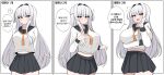  1girl ? absurdres alternate_breast_size_(larger) arm_under_breasts black_sailor_collar black_skirt black_survival blunt_bangs blush breast_expansion breasts check_translation closed_mouth commentary_request cowboy_shot embarrassed eternal_return:_black_survival flying_sweatdrops geah hair_intakes highres huge_breasts korean_commentary korean_text large_breasts long_hair long_sleeves looking_at_viewer midriff miniskirt notice_lines open_mouth pleated_skirt progression rio_(black_survival) sailor_collar school_uniform shirt simple_background skirt speech_bubble spoken_question_mark talking translation_request white_background white_hair white_shirt yellow_eyes 
