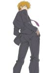  1boy blonde_hair buttoned_cuffs buttons commentary_request feet_out_of_frame floating_neckwear from_behind grey_jacket grey_pants grey_suit hands_in_pockets jacket layered_sleeves long_sleeves looking_back looking_to_the_side male_focus mob_psycho_100 necktie nekomaru_kurumi pants purple_necktie reigen_arataka short_hair solo spiked_hair standing suit suit_pants 