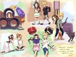  1boy 1girl aerith_gainsborough aged_down alternate_universe artist_name backpack bag barefoot black_bag black_shirt blonde_hair blue_eyes blue_sailor_collar blue_shorts book brown_hair bruise bruise_on_arm child clenched_teeth cloud_strife commentary_request dog dress final_fantasy final_fantasy_vi flower furrowed_brow green_eyes green_ribbon hair_ribbon halu-ca head_wreath highres holding holding_book holding_hands indian_style injury light_blush long_hair lying multiple_views notebook on_back open_mouth parted_bangs pink_dress pink_ribbon pink_skirt ponytail reading red_bag red_ribbon ribbon rubbing_eyes sailor_collar shirt shoes short_hair shorts sidelocks sitting sketch skirt sleeping smile socks spiked_hair tank_top teeth white_shirt white_shoes white_socks white_tank_top yellow_flower zzz 