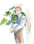  1boy all_saints_street angel_wings blue_vest brown_hair brown_pants closed_mouth commentary_request expressionless fern green_eyes highres holding holding_plant looking_at_viewer lynn_angel male_focus pants plant potted_plant shirt solo tensoba20230223 vest white_background white_shirt wings 