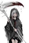  1girl :d bandage_over_one_eye black_choker black_cloak black_hood blood blood_on_weapon choker cloak commentary cowboy_shot gradient_hair hair_ornament highres hina_taira holding holding_scythe mahou_shoujo_no_majo_saiban multicolored_hair one_eye_covered open_mouth pink_eyes pink_hair sakuraba_ema scythe short_hair simple_background smile solo weapon white_background white_hair x_hair_ornament 