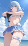  1girl absurdres ahoge beach bikini bikini_skirt blue_sky blue_streaks blush braid breasts closed_mouth cloud commentary_request cowboy_shot day dot_nose elf foreshortening frilled_bikini frilled_thigh_strap frills from_below grey_hair hair_intakes hands_up heart heart_ahoge highleg highleg_bikini highres hololive horizon long_hair looking_at_viewer looking_down masamune-tan medium_breasts mismatched_bikini multicolored_hair navel ocean outdoors pointy_ears side_braid sky solo standing stomach streaked_hair swept_bangs swimsuit thigh_strap underboob virtual_youtuber white_bikini yellow_eyes yukihana_lamy 