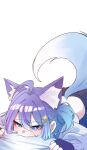  1girl absurdres animal_ear_fluff animal_ears black_gloves black_skirt blue_eyes blue_hair blush character_request commentary_request copyright_request crop_top double-parted_bangs fingerless_gloves fluffy_tail gloves gradient_hair grey_shirt hair_ornament highres korean_commentary long_sleeves multicolored_hair pleated_skirt pol060 purple_hair purple_pupils shirt simple_background skirt small_sweatdrop solo star_(symbol) star_hair_ornament top-down_bottom-up white_background 