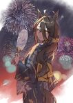  1girl absurdres aerial_fireworks ahoge alternate_costume alternate_hairstyle animal_ears black_hair black_kimono commentary_request ear_tag earrings fireworks hair_between_eyes hair_ornament hair_scrunchie hand_fan highres holding holding_fan horse_ears horse_girl horse_tail japanese_clothes jewelry kimono long_bangs long_hair long_hair_between_eyes long_sleeves looking_at_viewer manhattan_cafe_(umamusume) mitsune_(3chune) multicolored_hair night obi sash scrunchie single_earring sky solo tail umamusume white_hair yellow_eyes 