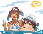  2girls folded_ponytail highres i-401_(kancolle) kantai_collection kasuga_maru_(kancolle) kasuga_maru_(swimsuit)_(kancolle) long_hair multiple_girls orange_sailor_collar ponytail sailor_collar sailor_shirt shirt short_hair sleeveless sleeveless_shirt sunday_aki swim_cap tan upper_body white_shirt 