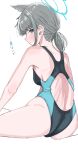  1girl absurdres animal_ear_fluff animal_ears ass back_cutout black_one-piece_swimsuit blue_archive blue_eyes breasts clone_(user_atad4545) clothing_cutout commentary_request competition_swimsuit cross_hair_ornament extra_ears from_behind grey_hair hair_ornament halo highleg highleg_one-piece_swimsuit highres looking_at_viewer looking_back low_ponytail medium_breasts medium_hair mismatched_pupils multicolored_swimsuit official_alternate_costume one-piece_swimsuit ponytail shiroko_(blue_archive) shiroko_(swimsuit)_(blue_archive) simple_background sitting skinny solo swimsuit translation_request white_background wolf_ears 